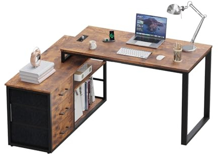 JUMMICO Eck-Schreibtisch mit 3 Schubladen, 140 x 105 cm, klappbarer L-förmiger Schreibtisch, ausgestattet mit Steckdose und USB-Ladeanschluss, Stauraum, geeignet für das Homeoffice,Vintage-braun