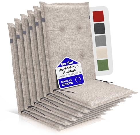 BI International Relexo Premium - Hochlehner Auflage Gartenstuhl Stuhlauflage mit Polster, Outdoor Sitzkissen & Stuhlkissen für Gartenmöbel Auflage wetterfest, Sitzkissen bequem (Taupe, 6er Set)
