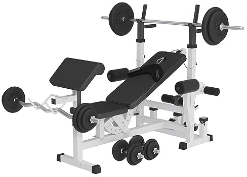 GORILLA SPORTS® Kraftstation mit 108 kg Hantelset und Multifunktionsbank | Mit Ablage, Dip-Station, Butterfly, Curlpult, Beincurler und Seilzug, bis 280 kg belastbar; Gummi/Chrom/Guss Gripper