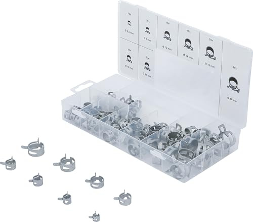 BGS 9475 | Federband-Schlauchschellen-Sortiment | 80-tlg. | 8 Größen à 10 Stück | Ø 6,5, 8, 10, 11, 12, 14, 16, 18 mm | schraubenlos | selbstspannend