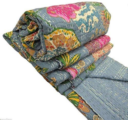 YUVANCRAFTS Kantha - Colcha india de algodón con estampado de frutas (tamaño individual, gris)