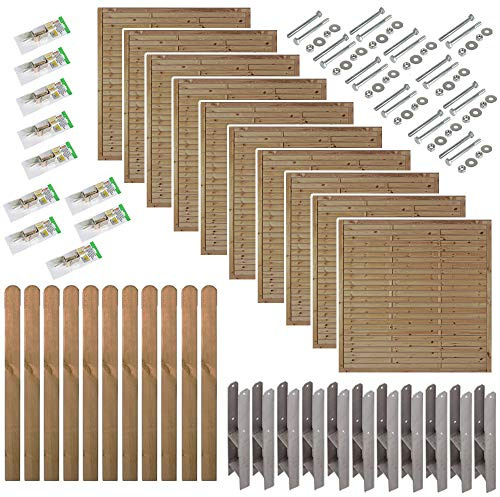 Lamellenzaun Komplettset Hamburg 19 m Sichtschutz Holz – 10 Zaunelemente 180x180 cm + 11 Pfosten 9x9x190 cm inkl. H-Pfostenträger, Schrauben & Winkel