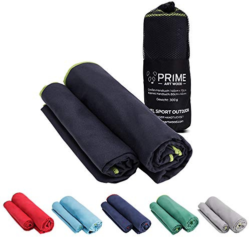 PRIME ART WOOD Mikrofaser Handtücher 2er Set Groß (200x100cm + 80x40cm), Schnelltrocknend, Saugstark, Super Weich, Reisehandtuch, Sporthandtuch, Badetuch (Antrazit)