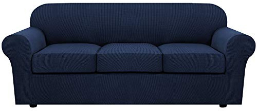 H.VERSAILTEX 4 Piece Stretch Sofa Covers for 3 Cushion Couch Covers for Living Room Furniture Slipcovers (Base Cover Plus 3 Seat Cushion Covers) Upgraded Thicker Jacquard Fabric (Sofa, Navy)