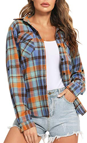 Enjoyoself dam, rutig blus, långärmad, rutiga flanellskjortor, 100 % bomull, button-down skjortblus för vardag och oktoberfest, Blå+orange, XXL