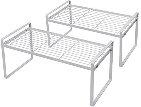 Shantton 2Pack Cabinet Shelf Organizer Storage Rack Space Saving for Kitchen Counter Pantry Bathroom Cupboard Under Sink Office Table Desk Steel Stackable Rust Resistant Heavy Duty Nonslip 16” White