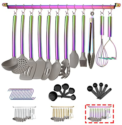 38 Teiliges Silikon-Kochgeschirr-Set mit Utensilienablage, Silikonkopf und Edelstahl-Regenbogengriff Kochgeschirr, Küchenhelfer (Regenbogen)