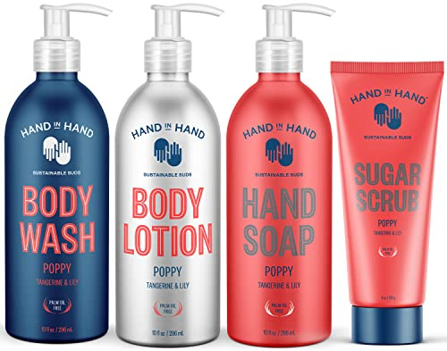 Hand in Hand Body Wash, Body Lotion, Liquid Hand Soap, and Sugar Scrub Combo Pack, Tangerine & Lily, Poppy Scent