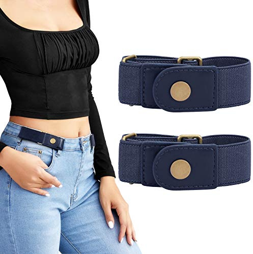 LEACOOLKEY No Buckle Stretch Belt for Women/Men—2 Pack Elastic Invisible Belt for Jeans (B-blue+blue, Fits 2 loop size 4-6)