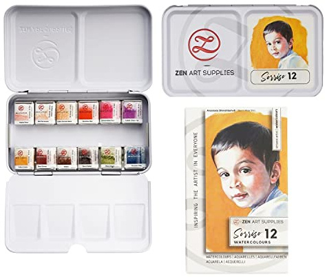 ZenArt Supplies Professional Watercolour Paint Set Sorriso - Non-Toxic 12 Half-Pan in Metal Tin Palette Portable Travel for Adults Water Color Portrait, Figurative & Animal Art by