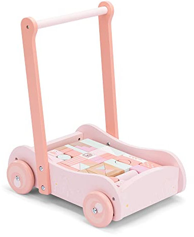 Navaris Lauflernwagen aus Holz mit 46 Bauklötzen - Lauflernhilfe für Babys - Laufwagen für Mädchen und Jungen - Baby Gehhilfe Lernlaufwagen - Rosa