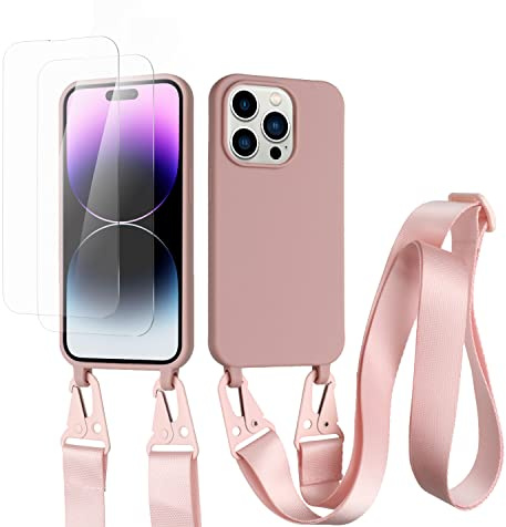 vrupin kompatibel mit iPhone 14 Pro Handykette Hülle,[2 Stück Schutzfolie 9H Härte Gehärtete Folie].Necklace Hülle Nylon Schultergurt Weich Flüssiges Silikon-Lotus Farbe