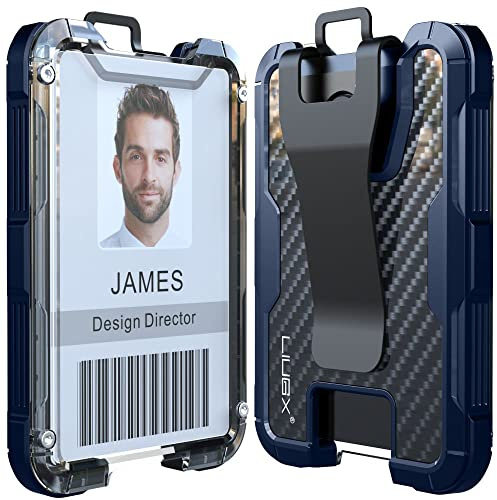LIUGX Kartenhalter aus Kohlefaser, tragbare Brieftasche mit Metallclip, geriffelter Ausweis- und Kreditkartenhalter (hält 1 bis 4 Karten) für Büro, Polizeiarbeiter, Outdoor, Blau, EDC