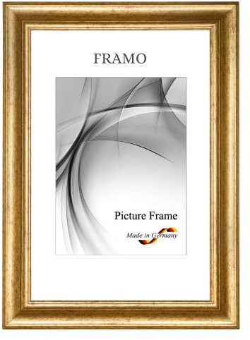 FRAMO N°50 Marco de fotos barroco DIN A3 (29,7 x 42), de madera maciza, dorado antiguo, marco de madera antiguo, incluye cristal de arte antirreflectante irrompible y ganchos de metal