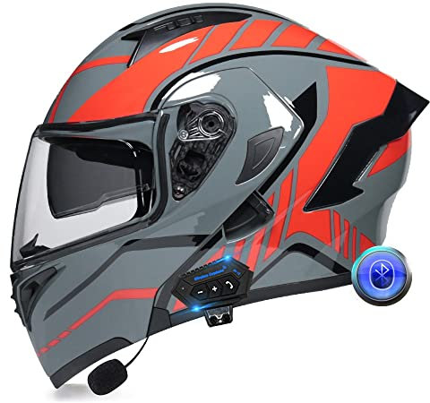 Integralhelm Motorrad Bluetooth Klappbarer Modularer Helm, Eingebauter Lautsprecher Headset Mikrofon Integrierter Helm mit Doppelvisier, ECE Geprüft, Motorradhelm Herren Damen