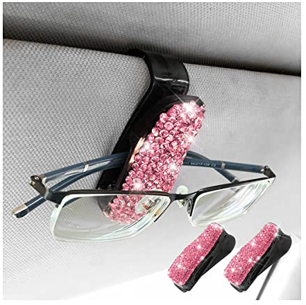 CGEAMDY 2 Stück Brillenhalter für Auto-Sonnenblende, Sonnenbrillenhalter mit Bling Strasssteinen ＆ Visitenkarte Clip, Bling-Kristall Auto Interieur Zubehör (Rosa)