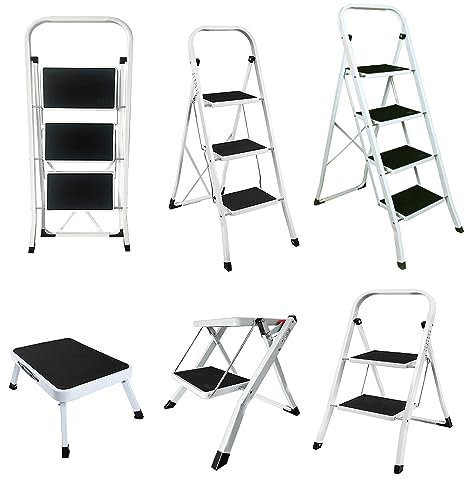 Folding Step Ladder 3 Steps Heavy Duty Steel Step Ladder Portable Compact 3 Treads Stepladder Home Kitchen Step Stool Ladder, Anti- Slip, 150kg Capacity