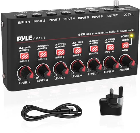 Pyle 6-Channel Bluetooth Mini Line Mixer with USB Audio Interface - 6 Mono/Stereo Switching Inputs | Ultra-low Noise Design with High Headroom | Built-in USB-C Sound Card - PMAX6
