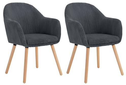 WOLTU Esszimmerstühle 2er Set, für Schlafzimmer Küche Wohnzimmer, Küchenstühle gepolstert mit Armlehne, aus Cord Massivholz, Dunkelgrau