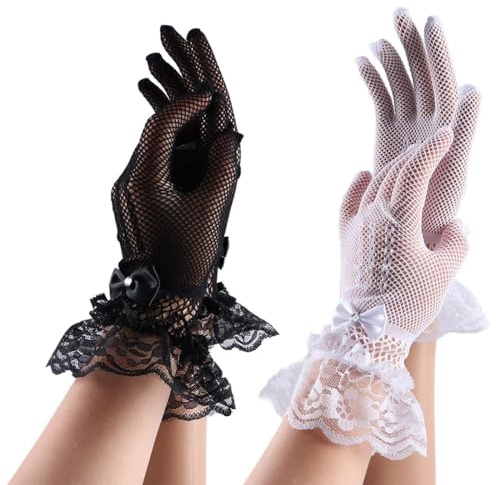 Teegxddy 2 Pares Guantes Cortos De Encaje para Mujer, Guantes De Ópera Vintage