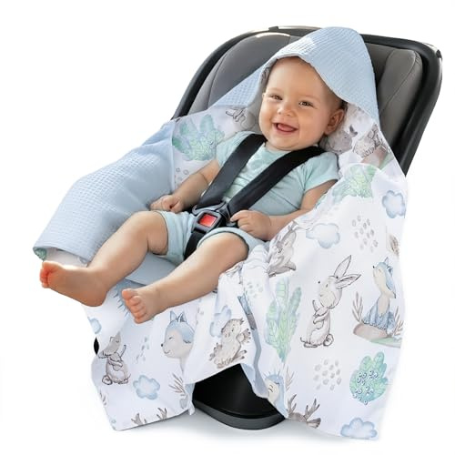 Medi Partners nid d'ange Bebe été Couverture enveloppante Bébé Siege Auto 85x85cm Couvertures Bebe nid d'ange Une Douce Oeko-Tex Moelleuse pour landaus (Cerf et hérisson avec Gaufre Bleu Clair)