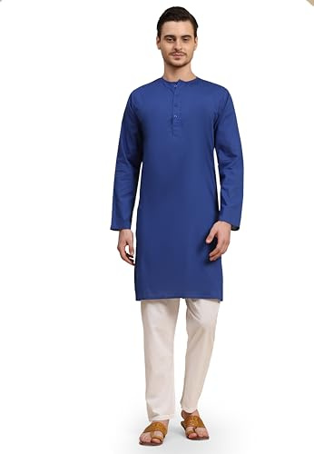 SKAVIJ herr indisk kurta pyjamas bomull komfort andningsbart set, Kungsblå, L