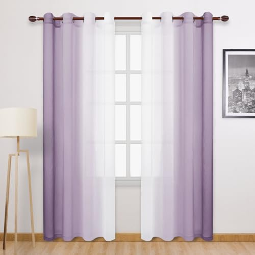 DWCN Durchsichtige Vorhänge aus Leinenimitat, Lavendel, 213,4 cm lang, Farbverlauf, Halbvoile, Vorhänge für Schlafzimmer und Wohnzimmer, Set mit 2 Ösen, 132 x 213 cm lang, Lavendel