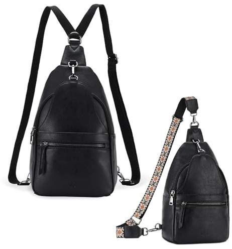 Kasgo Brusttasche Damen Herren, Große 5,6L 2 in 1 Sling Bag & Mini Rucksack, Diebstahlsichere PU Leder Crossbody Bag mit 2 Abnehmbaren Gurten, Umhängetasche für Reise Sport Wandern Arbeit Schwarz