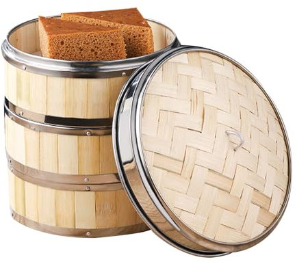 AIZYR Bamboo Steamer Basket with Lid 3 Tiers Chinese Steamer Basket Steaming Basket for Cooking Dumpling, Dim Sum, Rice, Fish Steam Basket,6 inch