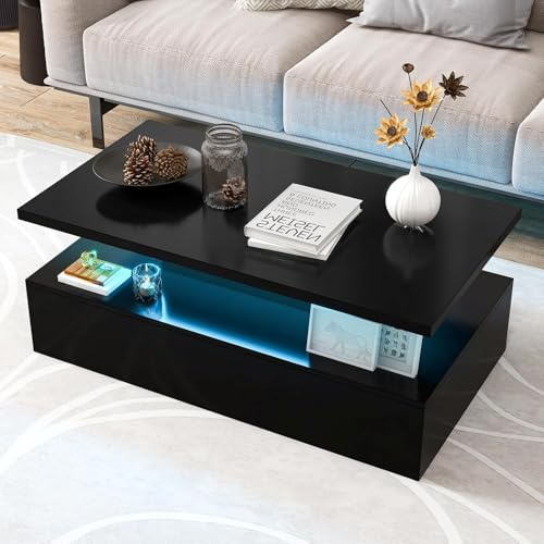 GOPLUS Table Basse Laquée LED 20 Lumières, Table Basse Salon 8 Luminosité avec Télécommande, 19 Modes, 110x60x40cm (Noir, 110x60x40CM)