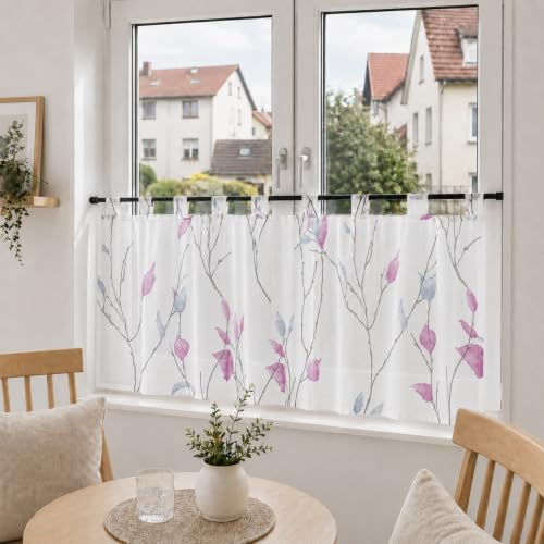 Joyswahl Voile Scheibengardinen Landhausstil Weiß Küchengardinen Transparent Bistrogardine mit Schlaufen Kurzstores mit Blatt- und Blumenmuster Violett HxB 45x90cm 1er Pack
