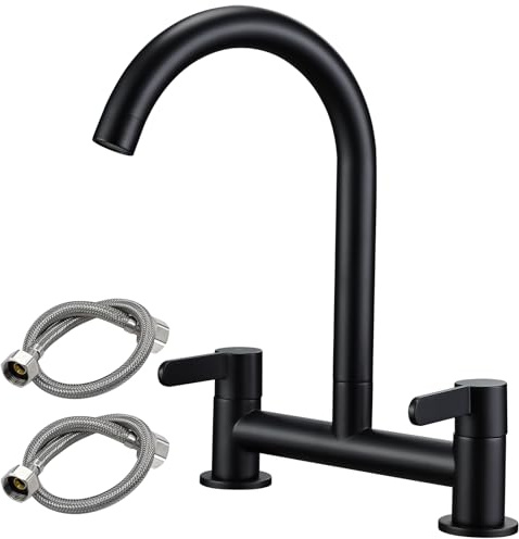 Peppermint Black Kitchen Sink Mixer Taps 2 Hole Dual Lever 180MM Centers | Bridge Kitchen Taps Mixer 2 Hole with Flexible Tails, Traditional 1/4 Turn Deck Mounted, 360° Swivel Spout, Brass, Easy Fit