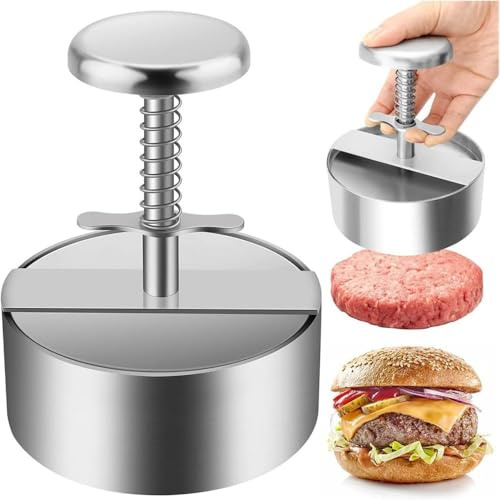 Wefenad Burger Pr, stampo per hamburger in acciaio inox, con pulsante a molla, hamburger per polpette di manzo, sushi, patate, feste, grigio, 14 x 14 cm