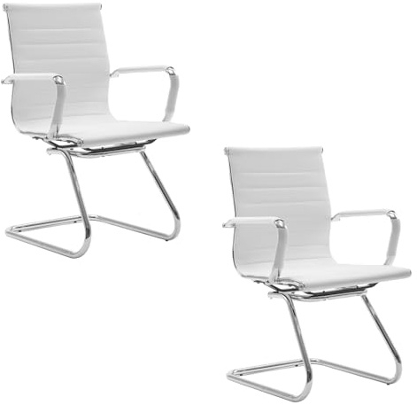 chairus Juego de 2 Silla de Oficina de Cuero PU Sillas de Trabajo con Reposabrazos, Silla de Reuniones Minimalista Mobiliario de Oficina Robusto para Empresas/Sala de Reuniones, Blanco