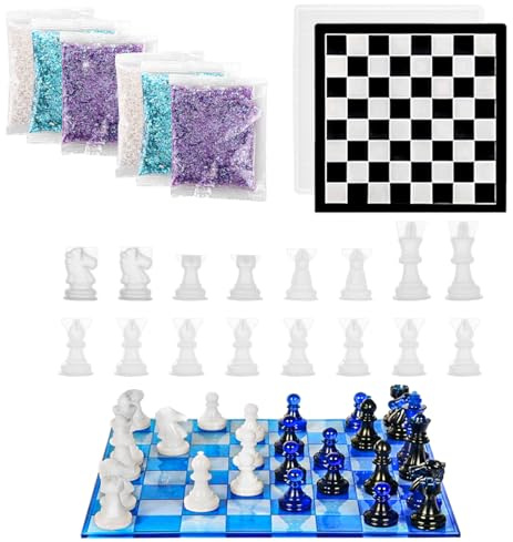 AKOLAFE Stampo in resina a forma di scacchiera con 16 scacchi 3D a grandezza naturale e 3 colori, set di stampi in silicone per resina epossidica