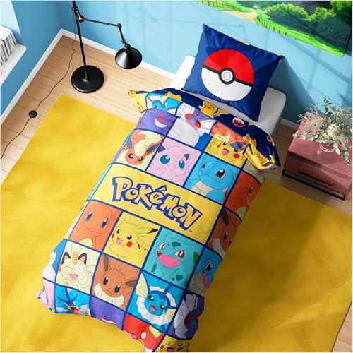 Pokemon Parure de Lit Enfant et Ado, Simple Linge de Lit 135x200cm, Réversible Housse de Couette et Taie Oreiller, Accessoires Decoration Chambre Gracon Filles, Cadeau Enfant (Multi Pokemon, Simple)
