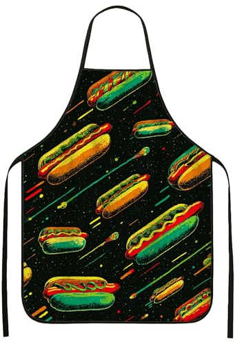 Space Hot Dogs Delantal para cocinar, diseño retro de galaxia, delantal de cocina para adultos, divertido accesorio culinario para barbacoa, jardinería, chef, equipo de trabajo, Negro -, 24x31 Inch