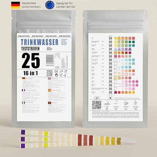 25x 16in1 Trinkwasser Teststreifen inkl. Auswertung | Härte pH Blei Nitrat Fluorid Chlor | Wasserteststreifen | Wasseranalyse Wasserqualität Leitungswasser | Tester | Test | Wasser | Pool | Brunnen