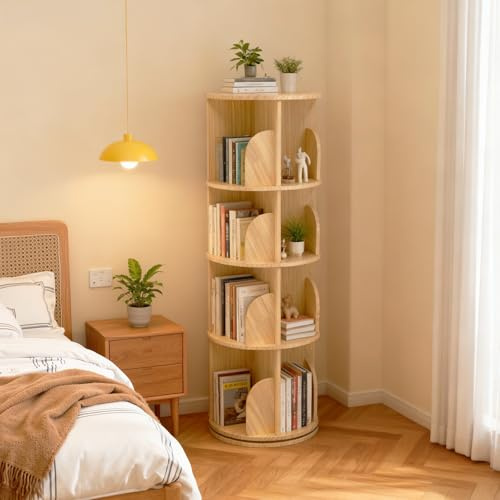 Lidzopas 360° Drehbares Bücherregal, Massivholz Standregal, Boden Stehendes Bücherregals, Multifunktionales Bücherregal, AufbewahrungsregalLagerregal für Kinder, Erwachsene, 4 Stöckig, Ø39cm, H129cm
