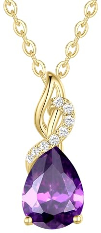 FANCIME Solide 14 Karat 585 Gelb Gold Anhänger Kette mit Tropfen Amethyst und echt 0.28ct Diamant Geschenk Schmuck für Damen Mädchen Sie