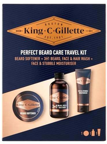 King C. Gillette Mini-Reiseset Probierset Geschenkset Bartpflege-Essentials: 3-Tagebart und Gesichtspflege 30 ml + Bartshampoo 60 ml + Bart-Balsam 30 ml, Geschenk für Männer