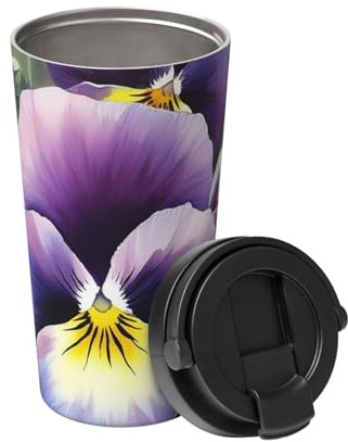 Insulated Coffee Mug with Handle and Leakproof Lid Travel Tumbler Pansy Perfection Stainless Steel Double Wall Vacuum Travel Mug Reusable Coffee Tumbler for Hot Iced Coffee Tea