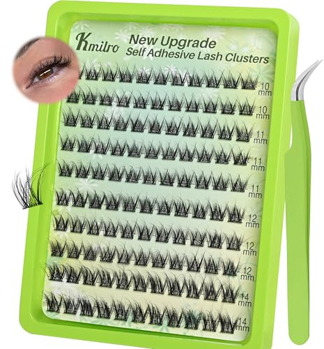 Kmilro Self Adhesive Eyelashes 10-14mm Wispy Lash Clusters Pre-Glued No Glue Needed Reusable Waterproof Press on Lashes for Natural Look 110Pcs with Tweezers Easy Apply Beginner Friendly Kit