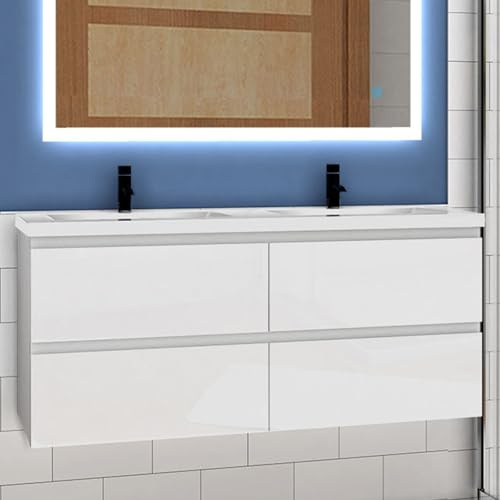 Aica Sanitär Waschtisch mit Unterschrank 120cm Alast Badmöbel Set Hochglanz Weiß Waschbecken mit Unterschrank MDF Softclose