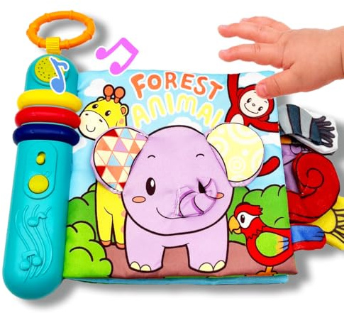 GRWXHB Baby Song Books 0-6-12 Months, Nontoxic Fabric Baby Cloth Books with Music and Lights Newborn Infant Carseat Toys 6-9-12 Months Shower Gifts Easter Basket Stuffers (Forest)