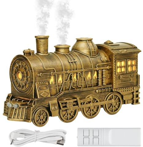 Essential Oil Diffuser, 300ml Steam Train Design with Colourful Lights, Quiet Auto-Off Humidifier for Home Bedroom(Copper colored)