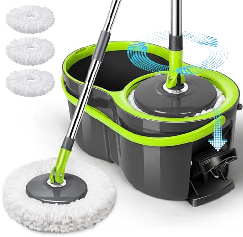 Masthome Spin Mop and Bucket Set, 360° Foot Pedal Rotating Mop with 131cm Stainless Steel Handle, Portable Cleaning Mops Set for Laminate/Wood/Tile Floors, 3 Reusable Microfiber Pads Included