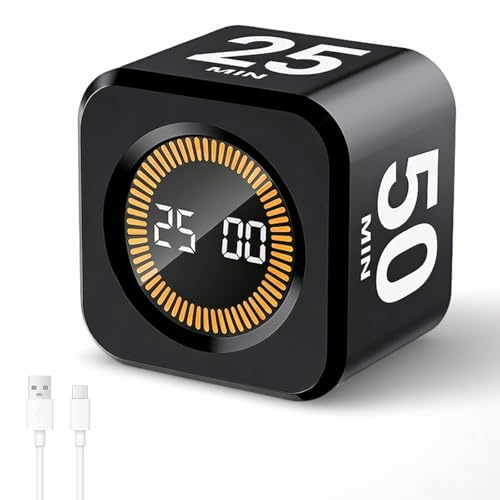 VORRINC Cubo Temporizador Visual - Pomodoro - Temporizador giratorio con 5/10/25/50 minutos y cuenta atrás individual, temporizador digital con modo de silencio y timbre, temporizador de cocina
