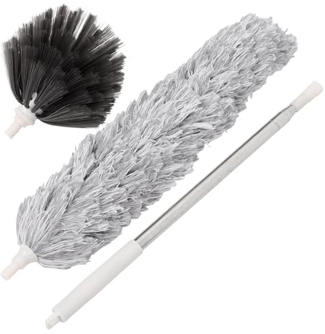 Garneck Balai à Poussière Extensible pour Plafond Brosse Fibres Grises et Blanches Manche Télescopique 12 M Ensemble Brosses Dépoussiérantes pour Toiles D’Araignée et Nettoyage Maison