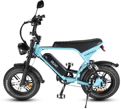 OUXI Ultra Mini E-Bike 16 Zoll Fatbike Elektrofahrrad, 250W Motor 60Nm, 36V 10.4Ah Akku, Hydraulische Scheibenbremsen, Vollfederung, Frontgepäckträger, Kompakt Pedelec für Herren Damen (Blau)
